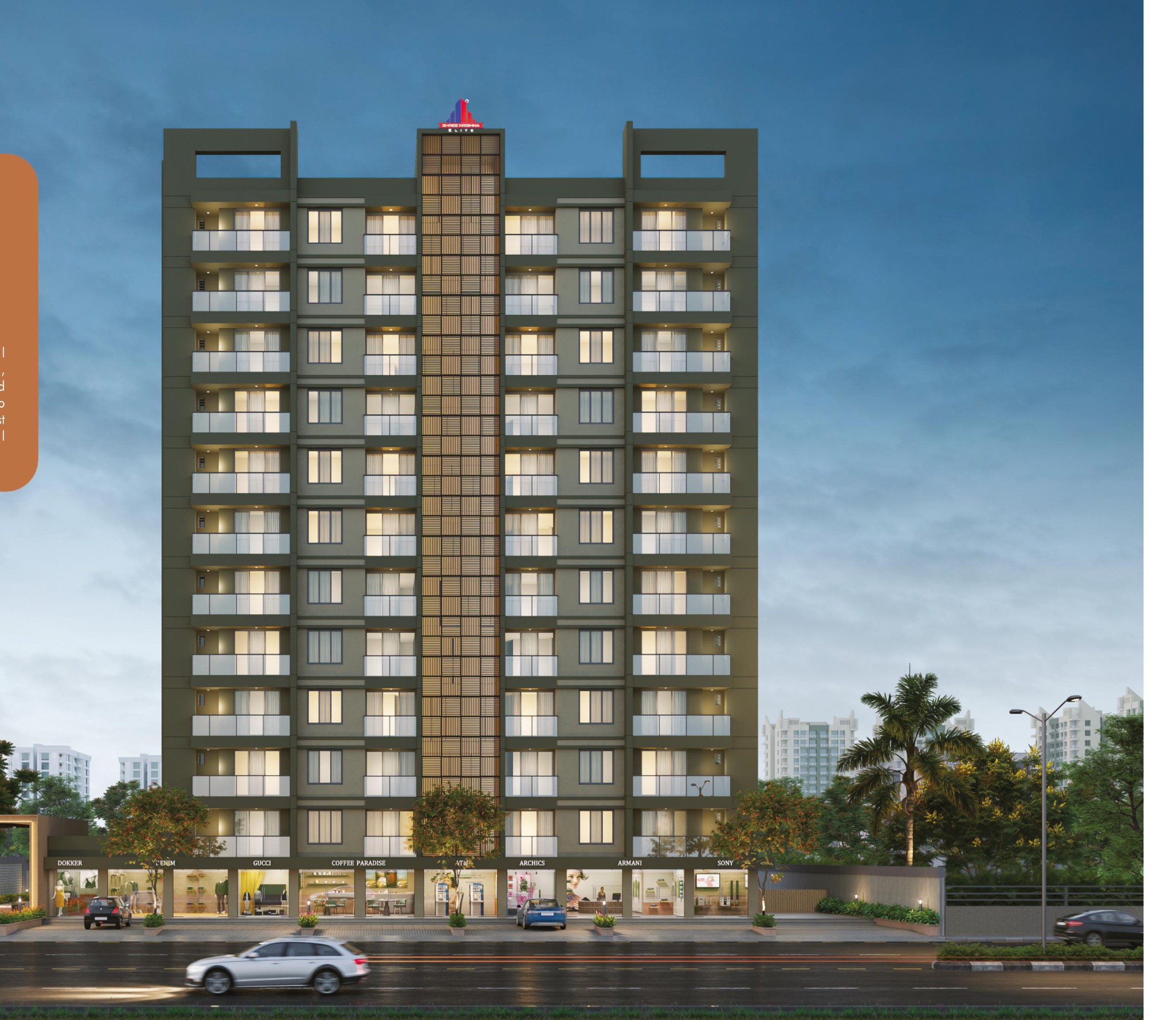 Shree Krishna Elite tower at dusk, Dindoli, Surat