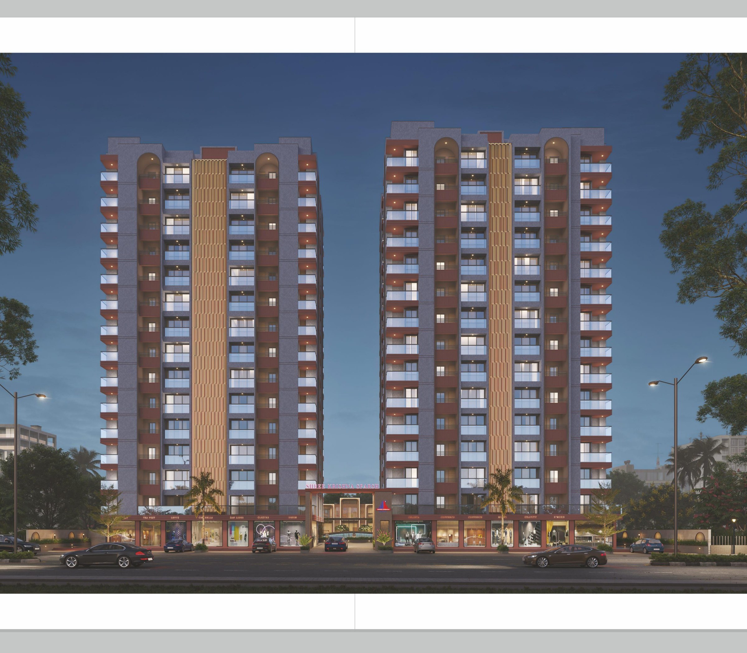 Street-level elevation of Shree Krishna Sparsh with shops
