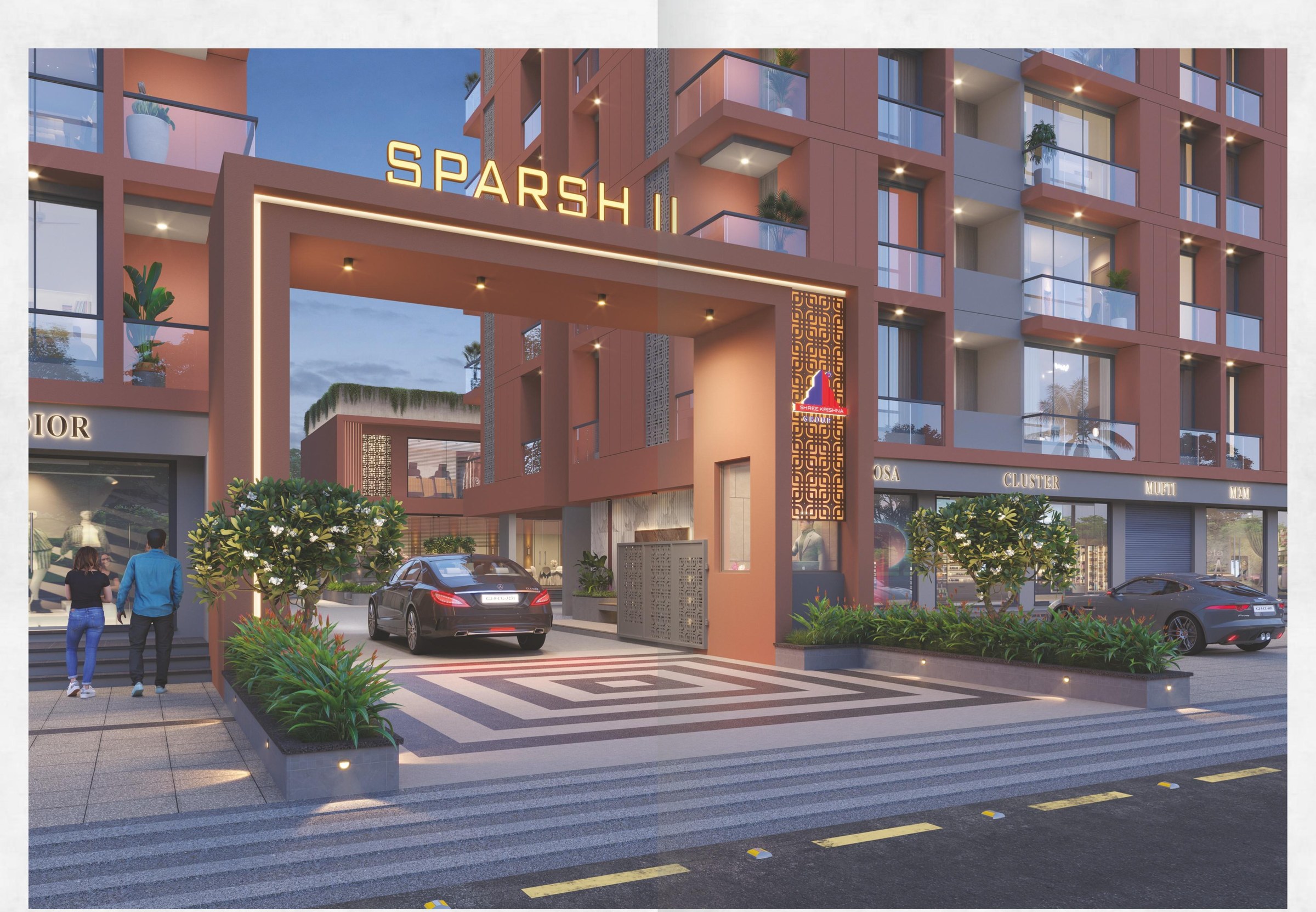 Shree Krishna Sparsh II entrance plaza and shops