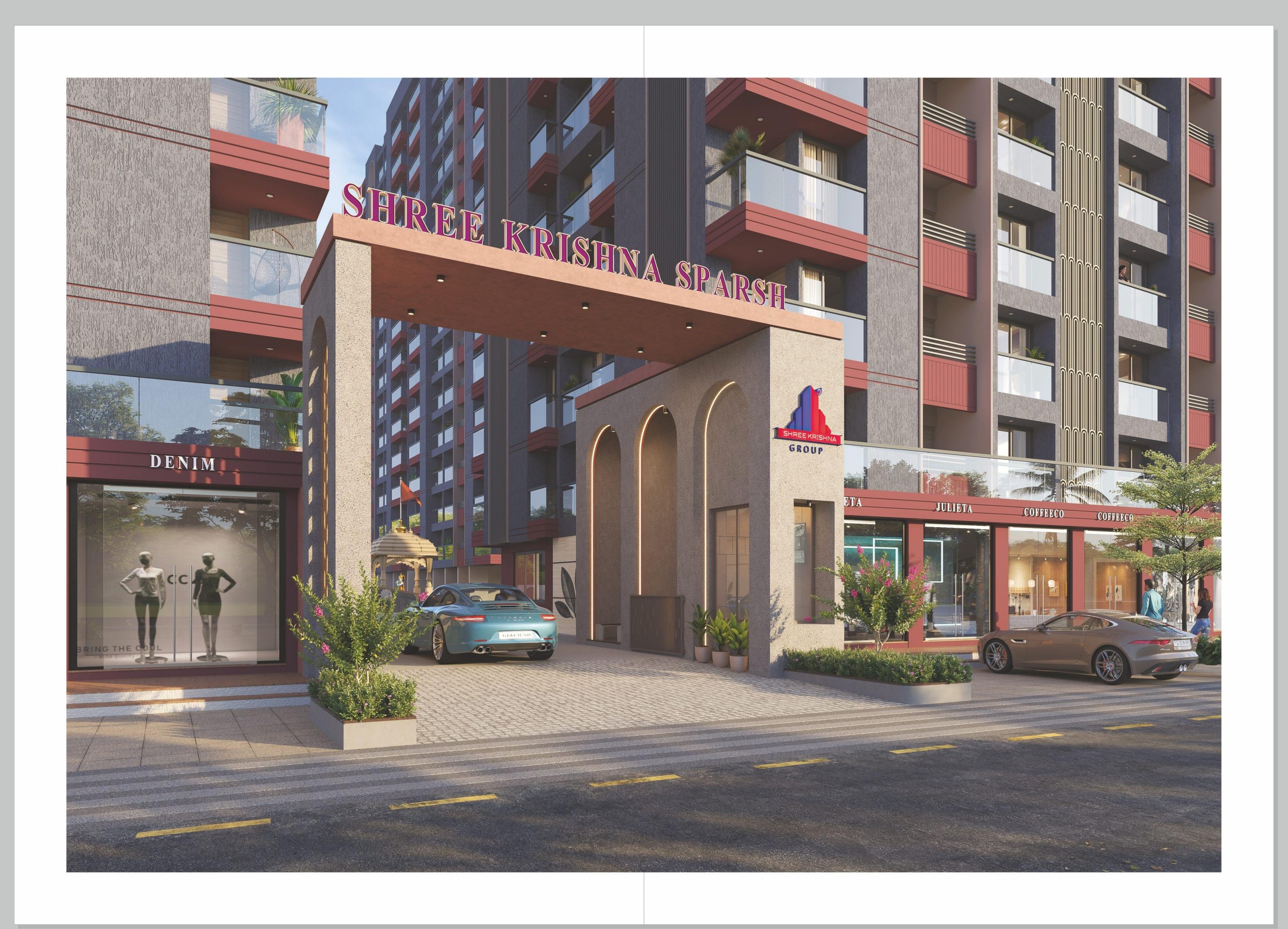 Shree Krishna Sparsh grand entrance and retail frontage